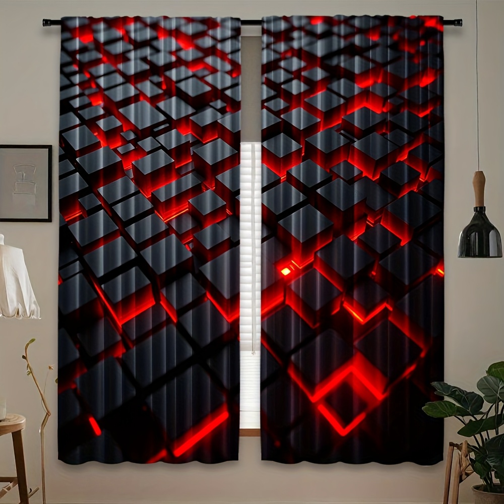 Tech Office Youtube - 2 stuks geometrische gordijnen rood zwart